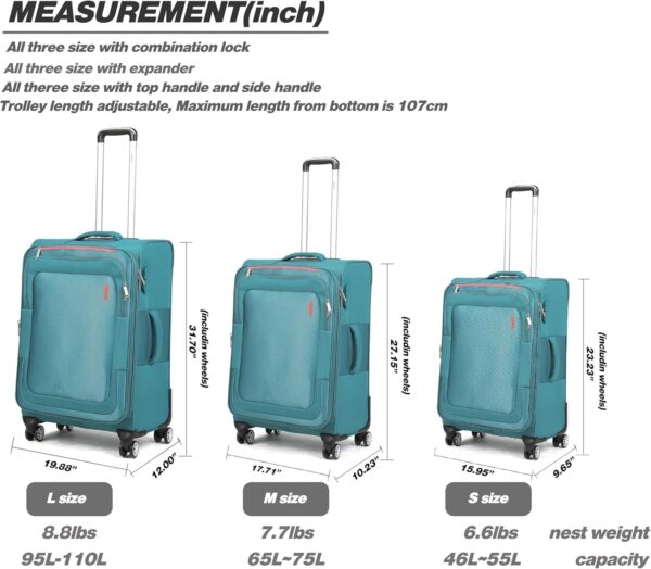 Luggage Sets 3Piece Softside Extra Large Size Expandable Lightweight Durable Suitcase Sets Double Spinner Wheels Combination Lock Blue Luggage For Overseas Journey(21in/25in/29in)(Teal) - Image 6
