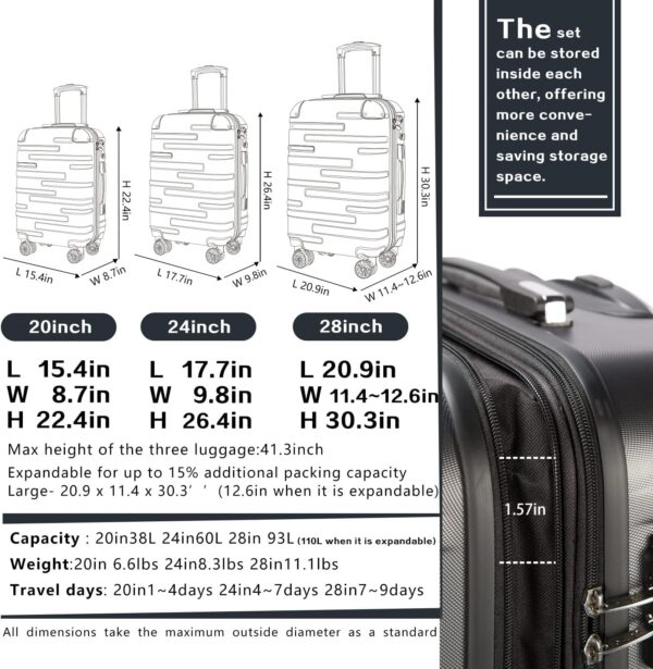Coolife Luggage Expandable(only 28") Suitcase 3 Piece Set with TSA Lock Spinner 20in24in28in (reg grey) - Image 7