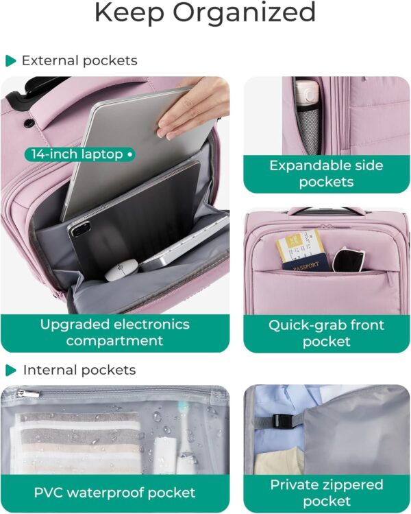 BAGSMART Underseat Carry on Luggage with Wheels, Soft Underseat Travel Luggage with PVC Wet/Dry Pockets, Lightweight Soft Personal Item Suitcase for Short Trip, Pinkish Purple - Image 5