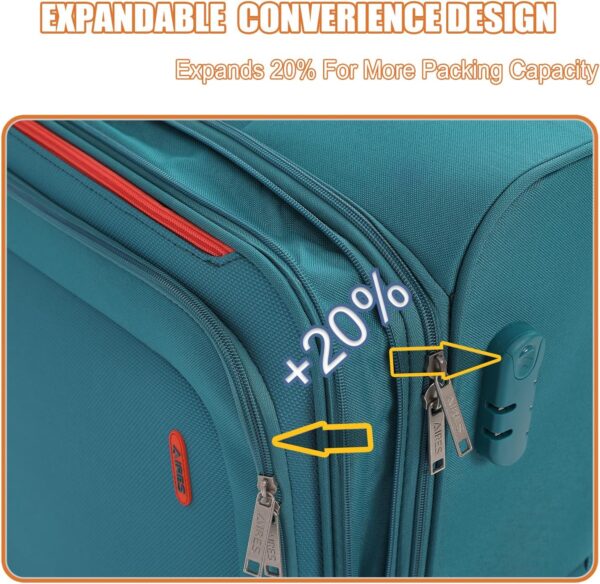 Luggage Sets 3Piece Softside Extra Large Size Expandable Lightweight Durable Suitcase Sets Double Spinner Wheels Combination Lock Blue Luggage For Overseas Journey(21in/25in/29in)(Teal) - Image 8