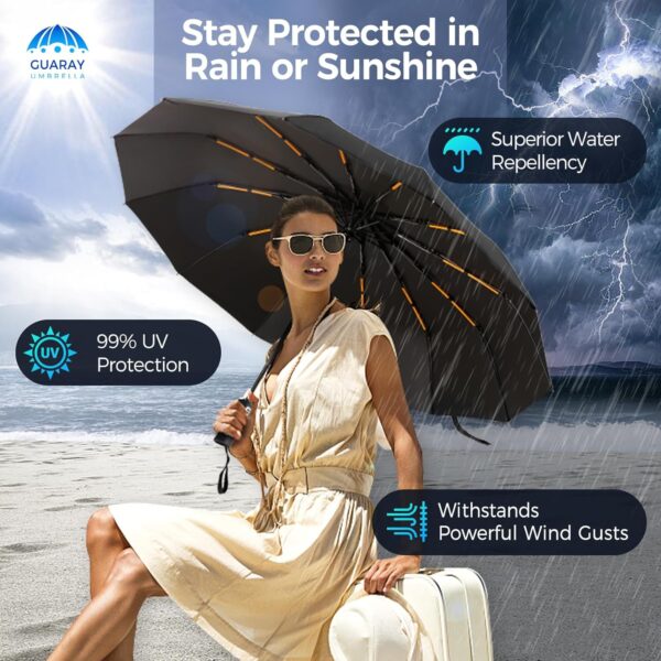 GUARAY Windproof Travel Umbrella with 24 Ribs, Automatic Sun & Rain Protection, Portable Compact with Large Canopy, UV Protection, Fits Car & Backpack - Image 2