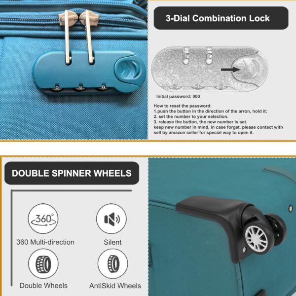 Luggage Sets 3Piece Softside Extra Large Size Expandable Lightweight Durable Suitcase Sets Double Spinner Wheels Combination Lock Blue Luggage For Overseas Journey(21in/25in/29in)(Teal) - Image 5
