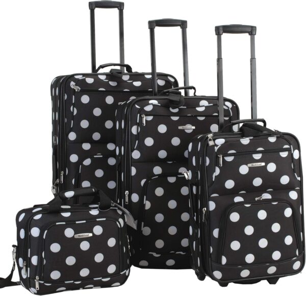 Rockland Polka Softside Upright Luggage Set, Expandable, Lightweight, Black Dot, 4-Piece (14/19/24/28)
