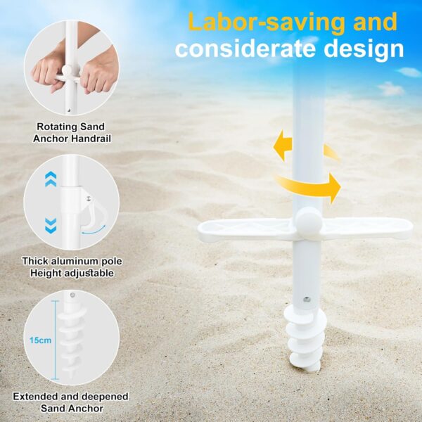Grandekor 7FT Beach Umbrellas for Sand Heavy Duty Wind Portable Beach Umbrella with Table Travel Beach Umbrella with Carry Bag Sun Umbrella Beach, UV 50+ - Image 3