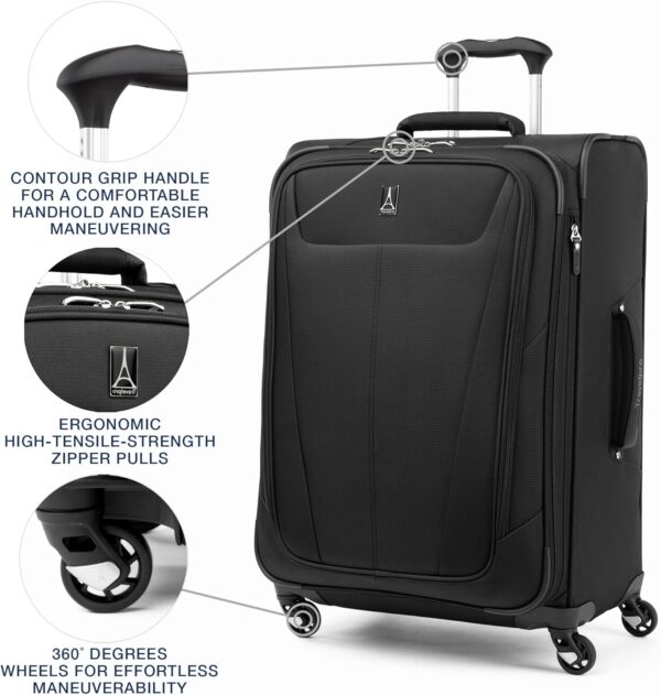 Travelpro Maxlite 5 Softside Expandable Checked Luggage with 4 Spinner Wheels, Lightweight Suitcase, Men and Women, Black, Checked Medium 25-Inch - Image 3