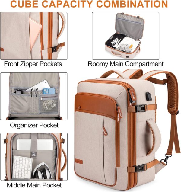 Carry on Travel Backpacks, Extra Large 40L Flight Approved for Men & Women,Expandable Suitcase With 4 Packing Cubes,Water Resistant Luggage Daypack Business Weekender Bag,Beige - Image 5