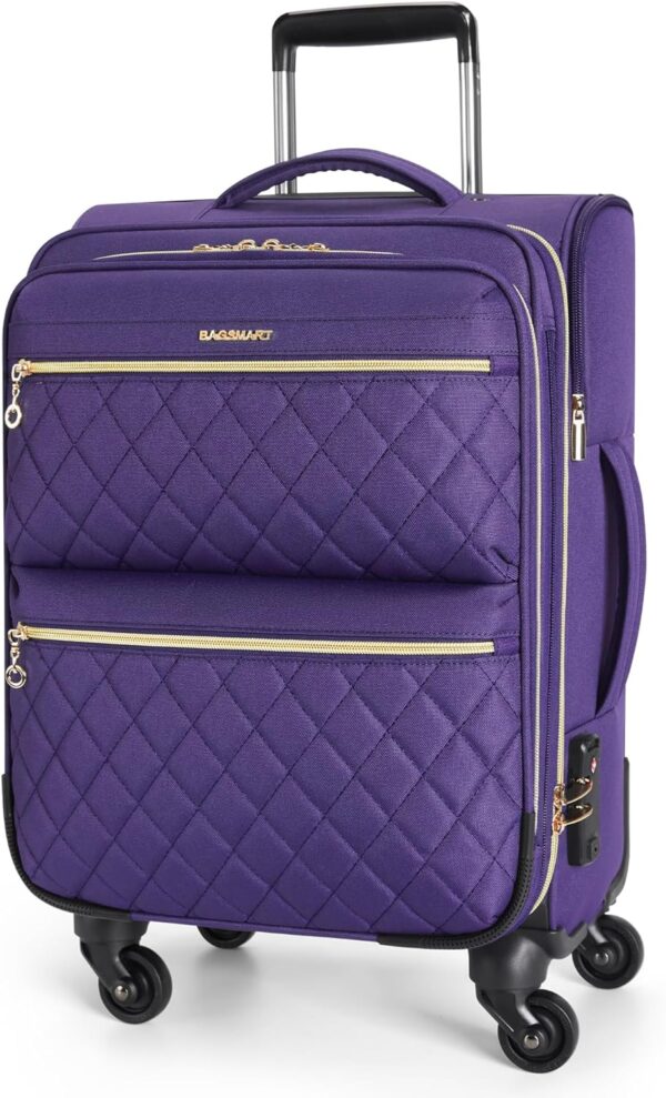 BAGSMART Softside Expandable Luggage Airline Approved with Spinner Wheels, 20 Inch Carry On Luggage 22x14x9 with TSA Lock, Quilted Rolling Suitcases for Women, Purple