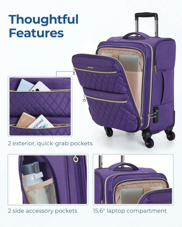 BAGSMART Softside Expandable Luggage Airline Approved with Spinner Wheels, 20 Inch Carry On Luggage 22x14x9 with TSA Lock, Quilted Rolling Suitcases for Women, Purple - Image 3