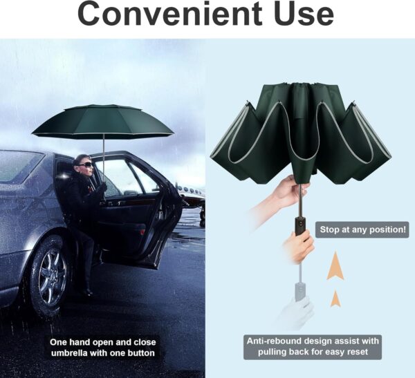 Urvoix Travel Umbrella Compact Windproof - Vented Double Canopy Umbrellas for Rain, Portable Umbrella Inverted Automatic Open Close with Reflective Strip - Image 5