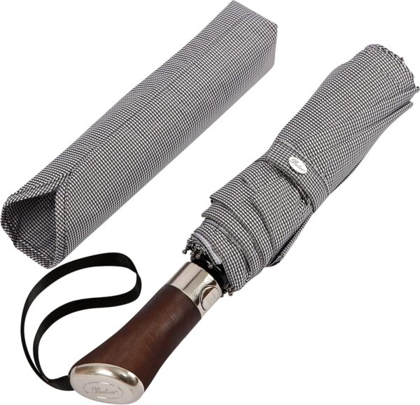 (Designed in UK) Travel Umbrella Luxurious Golden Hardwood Handle Auto Open & Close Windproof Frame Single Canopy Automatic Folding Umbrella Men's & Ladies